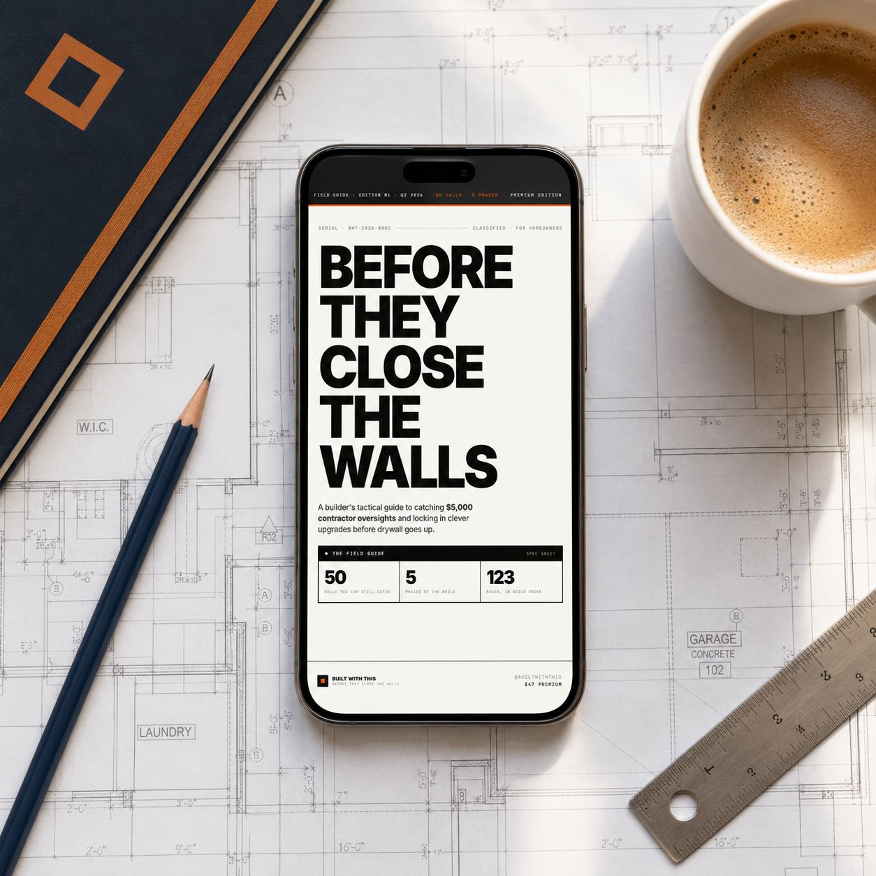 Before They Close the Walls, shown on a phone laid over house plans
