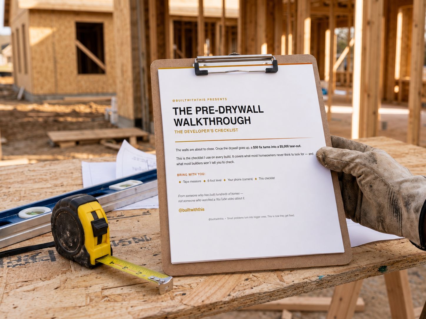 The Pre-Drywall Mistake Checklist on a clipboard at a framed jobsite