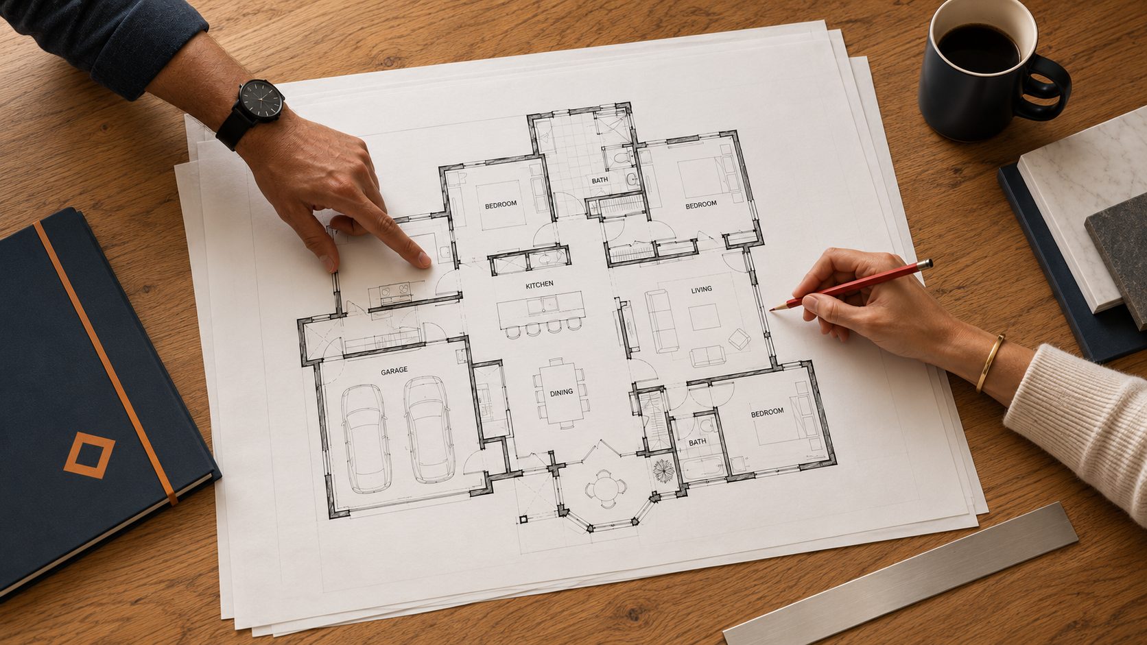 House plans spread on a table with handwritten notes, a builder pointing to a room