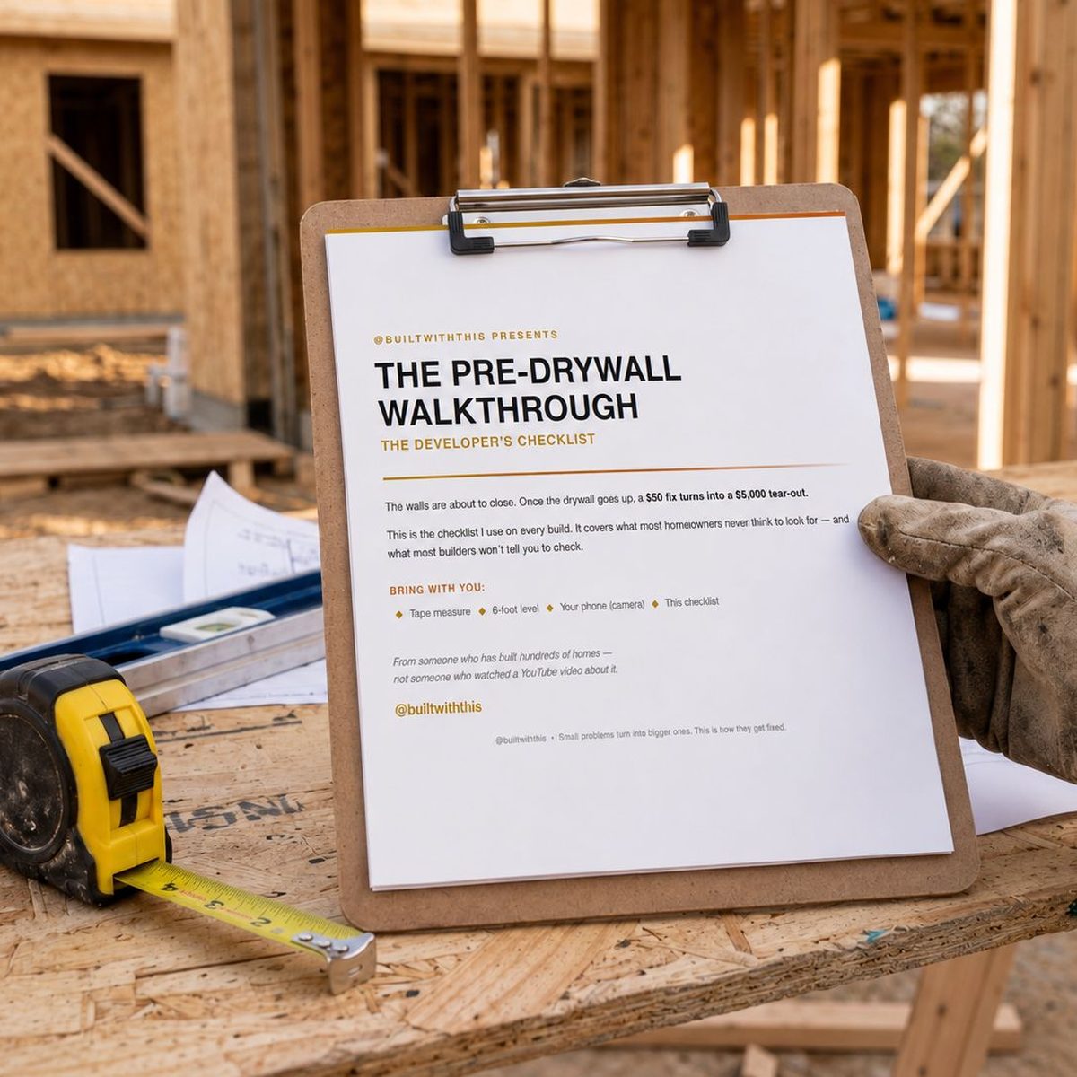 Pre-Drywall Walkthrough checklist on a clipboard at a job site